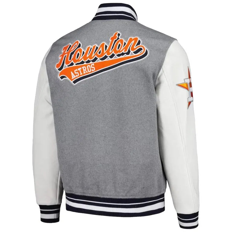 Houston Astros Script Tail Heather Gray Wool & White Leather Varsity Men's Jacket
