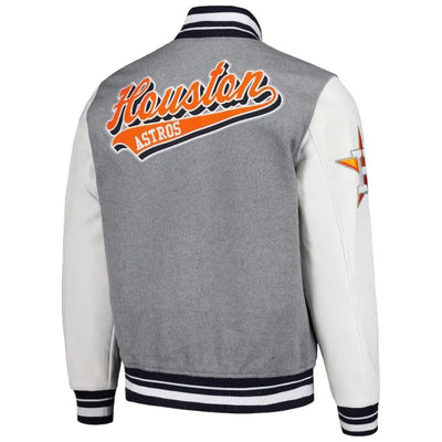 Houston Astros Script Tail Heather Gray Wool & White Leather Varsity Men's Jacket