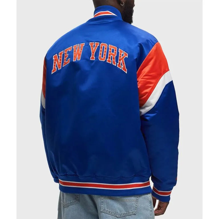 New York Knick Heavyweight Full-Snap Varsity Royal Blue Satin Men's Bomber Jacket