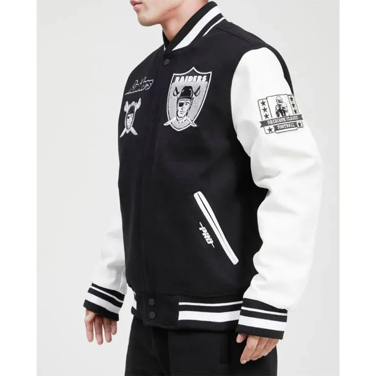 Los Vegas Raiders Pro Black Wool and White Genuine Leather Sleeves Men's Varsity Letterman Jacket