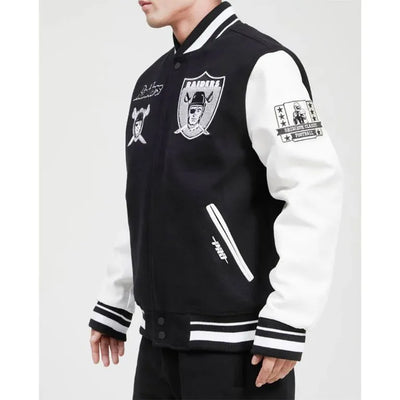 Los Vegas Raiders Pro Black Wool and White Genuine Leather Sleeves Men's Varsity Letterman Jacket