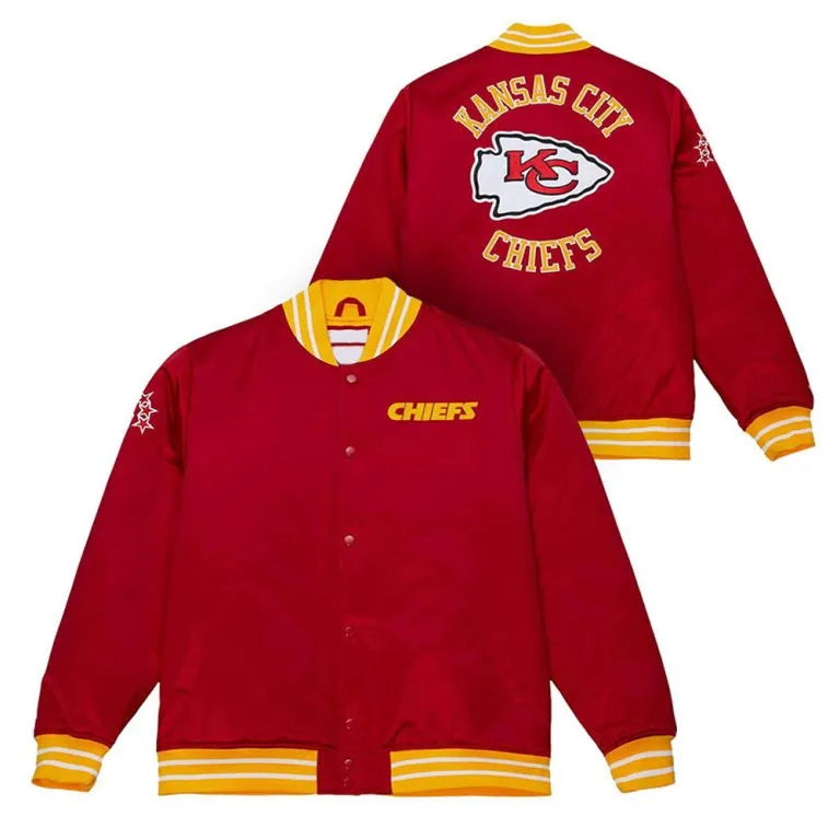 Kansas City Chiefs Heavyweight Classic Rib Full-Snap Varsity Red Satin Men's Bomber Jacket