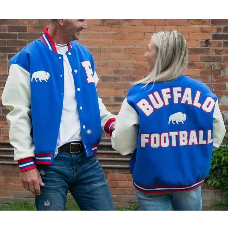 Buffalo Bills Royal Blue Wool and White Leather Sleeves Varsity Men's Letterman Jacket