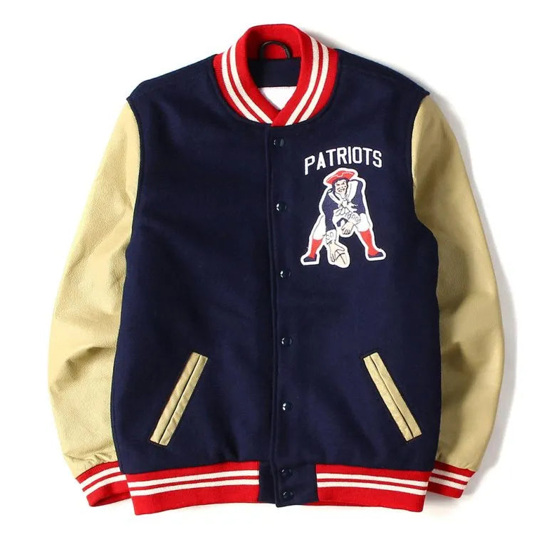 New England Patriots Kendrick Lamar Navy Blue Wool and Beige Genuine Leather Sleeves Men's Varsity Letterman Jacket