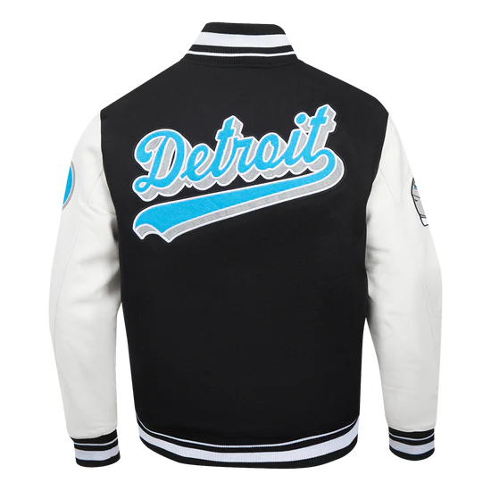 Detroit Lions Script Tail Black Wool & White Genuine Leather Sleeves Men's Varsity Jacket