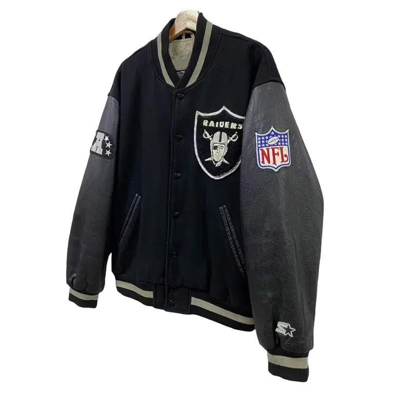 Los Vegas Raiders Ice Cube Black Wool and Genuine Leather Sleeves Men's Varsity Letterman Jacket