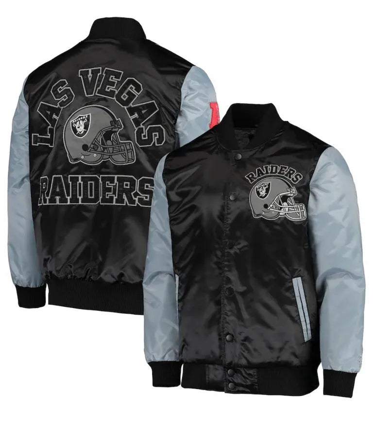 Los Angeles Raiders Full-Snap Varsity Grey and Black Satin Men's Bomber Jacket