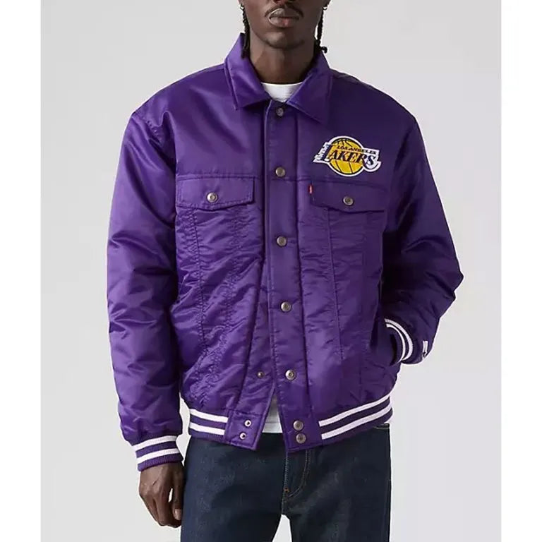 Los Angeles Lakers Silver Tab Trucker Varsity Purple Satin Men's Bomber Jacket