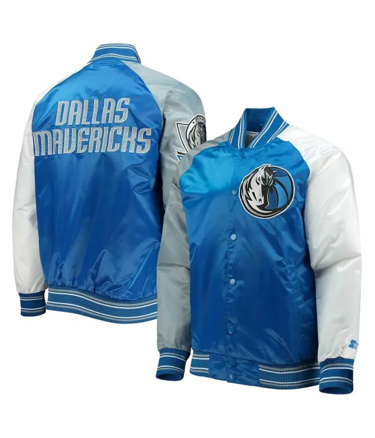 Dallas Mavericks Reliever Full-Snap Varsity Tri Color Satin Men's Bomber Jacket