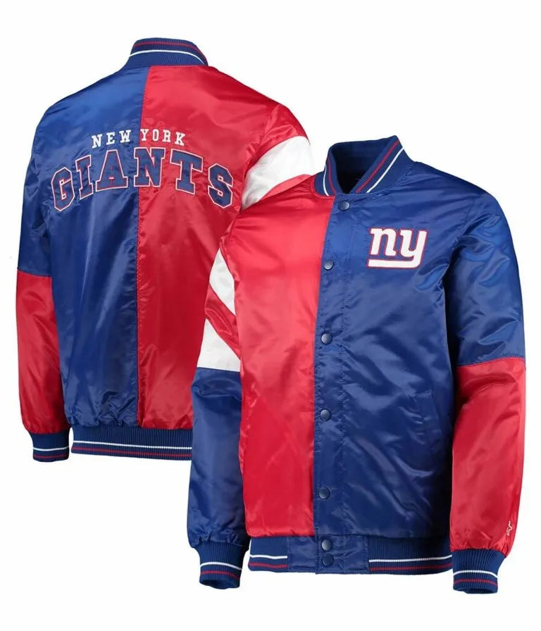 New York Giants Leader Full-Snap Varsity Royal Blue and Red Satin Men's Bomber Jacket