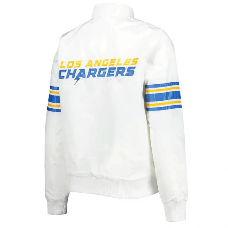 Los Angeles Chargers Line Up Full-Snap Varsity White Satin Men's Bomber Jacket