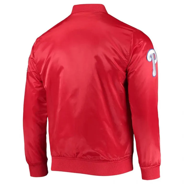 Philadelphia Phillies Wordmark Full-Snap Red Satin Men's Bomber Jacket