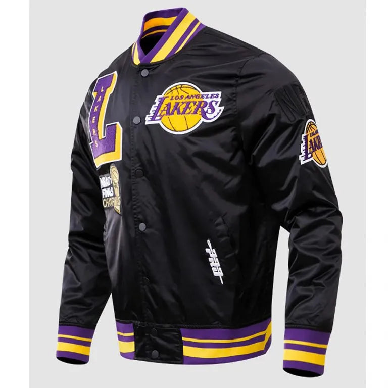 Los Angeles Lakers Mash Up Logo Full-Snap Varsity Black Satin Men's Bomber Jacket