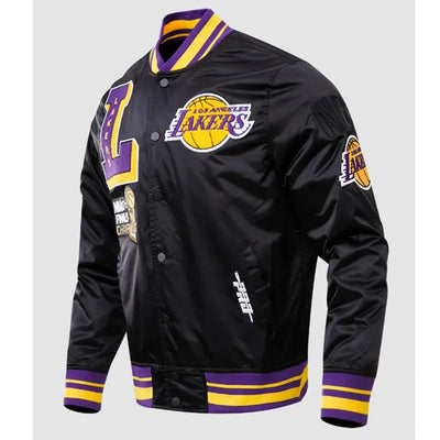 Los Angeles Lakers Mash Up Logo Full-Snap Varsity Black Satin Men's Bomber Jacket