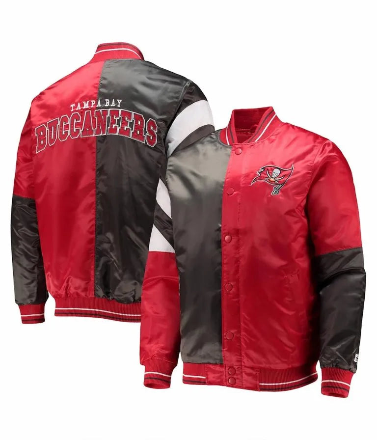 Tampa Bay Buccaneers Leader Full-Snap Varsity Red and Black Satin Men's Bomber Jacket