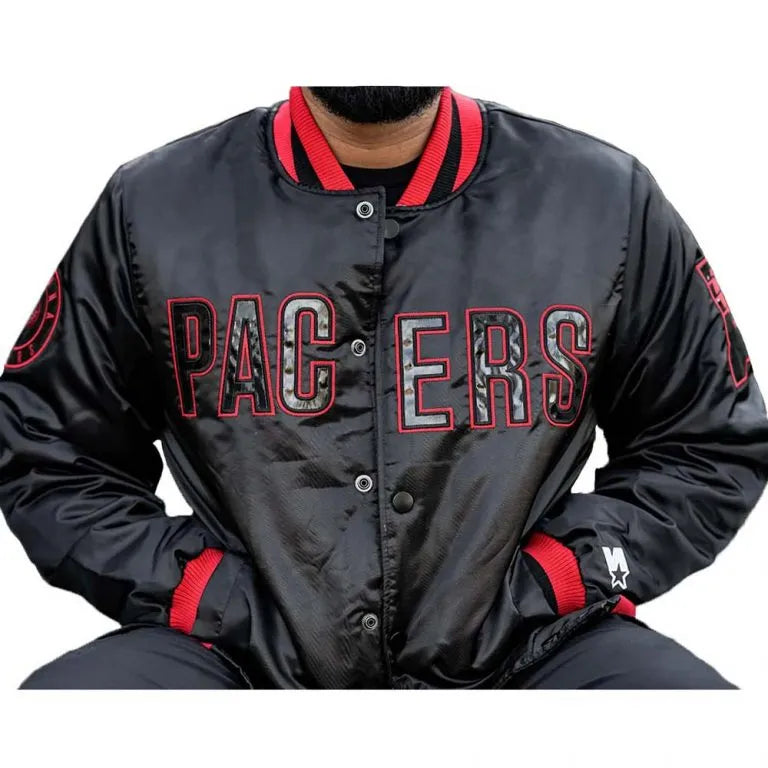 Indiana Pacers Full-Snap Varsity Black and Red Satin Men's Bomber Jacket