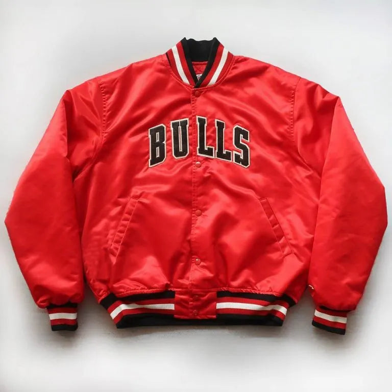 80s Chicago Bulls Full-Snap Varsity Red Satin Men's Bomber Jacket