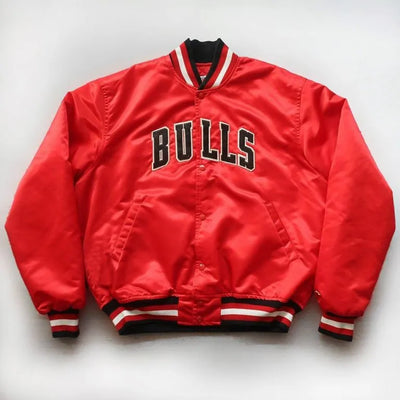 80s Chicago Bulls Full-Snap Varsity Red Satin Men's Bomber Jacket