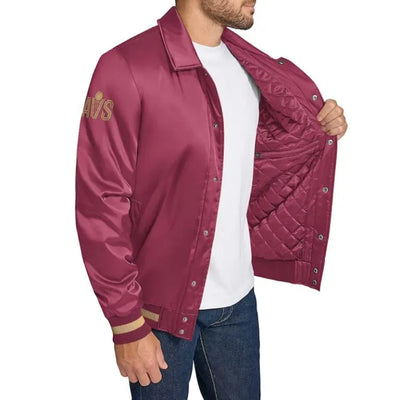 Cleveland Cavaliers Stitch Applique Full-Snap Varsity Wine Satin Men's Bomber Jacket