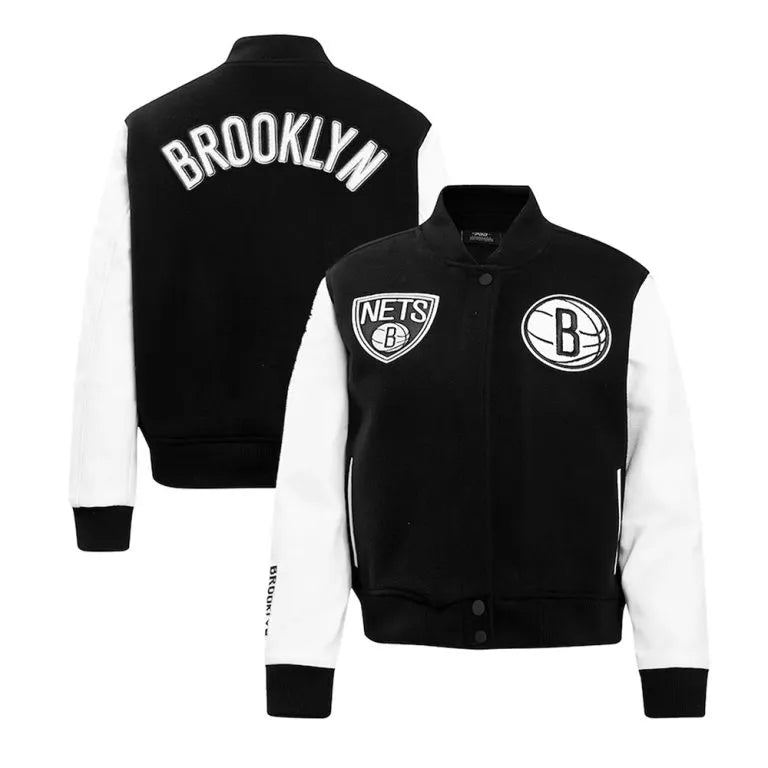 Brooklyn Nets NBA Black Wool & White Genuine Leather Sleeves Men's Varsity Letterman Jacket