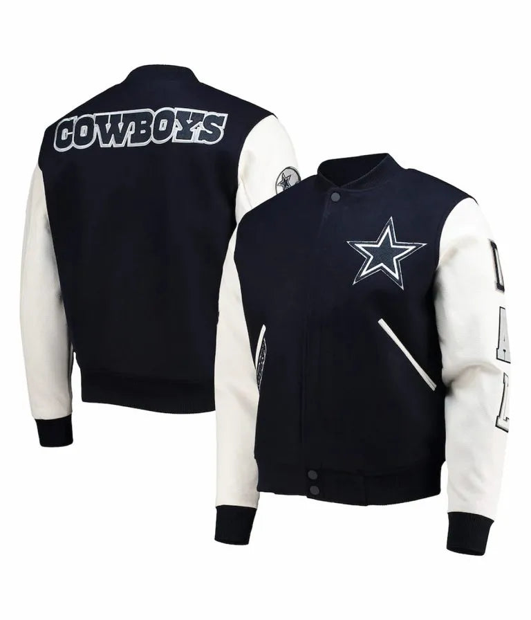 Dallas Cowboys Navy Blue Wool & White Genuine Leather Sleeves Men's Varsity Jacket