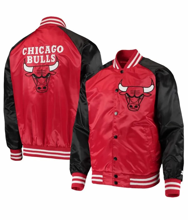 Chicago Bulls Point Guard Full-Snap Varsity Red and Black Satin Men's Bomber Jacket
