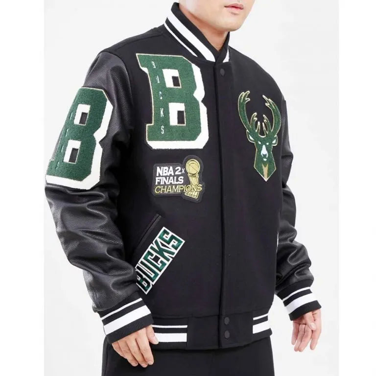 Milwaukee Bucks Varsity Black Wool & Genuine Leather Sleeves Men's Letterman Jacket