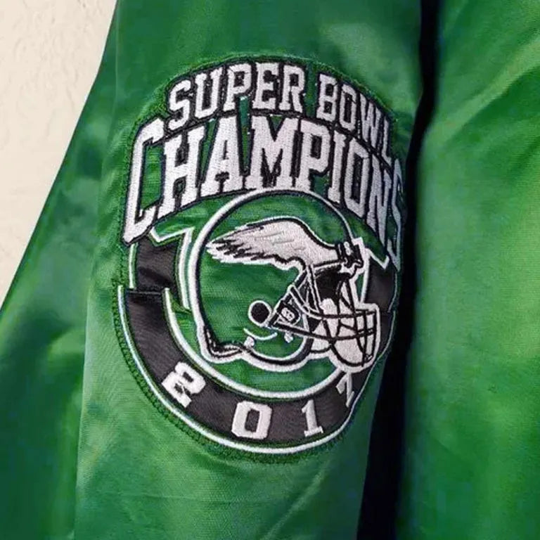 Philadelphia Eagles Super Bowl 2017 Full-Snap Varsity Green Satin Men's Bomber Jacket