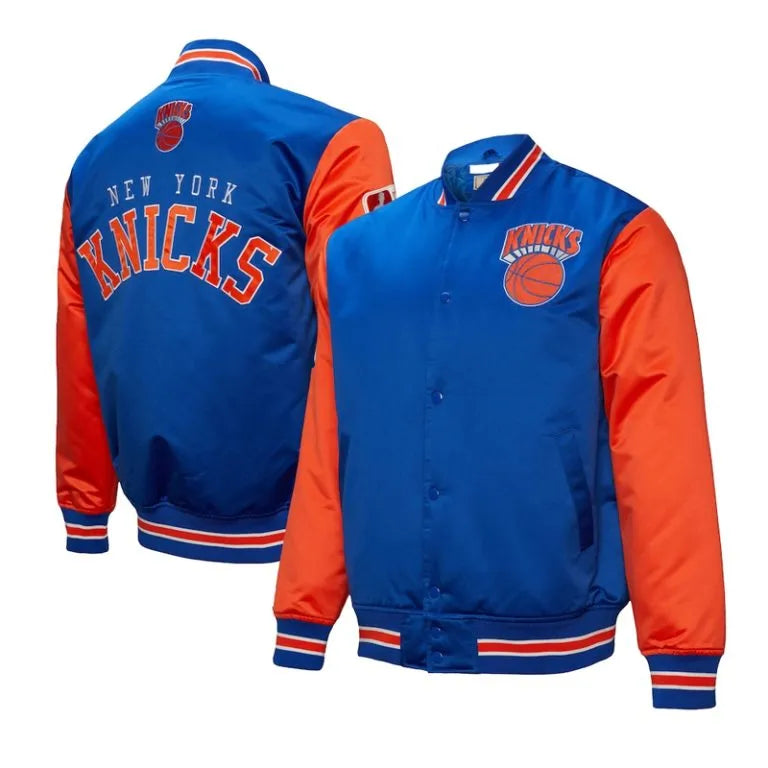 New York Knicks Primetime Full-Snap Varsity Royal Blue and Orange Satin Men's Bomber Jacket