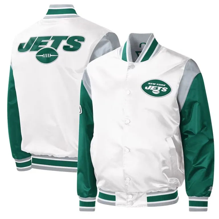 New York Jets Throwback Warm Up Pitch Full-Snap Varsity Green and White Satin Men's Bomber Jacket
