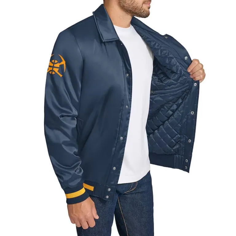 Denver Nuggets Stitch Applique Full-Snap Varsity Navy Blue Satin Men's Bomber Jacket