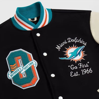OVO Miami Dolphins Black Wool and White Genuine Leather Sleeves Men's Varsity Letterman Jacket