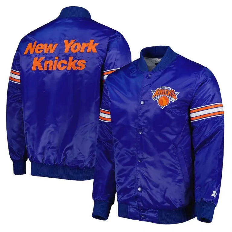 New York Knick Pick & Roll Full-Snap Varsity Blue Satin Men's Bomber Jacket