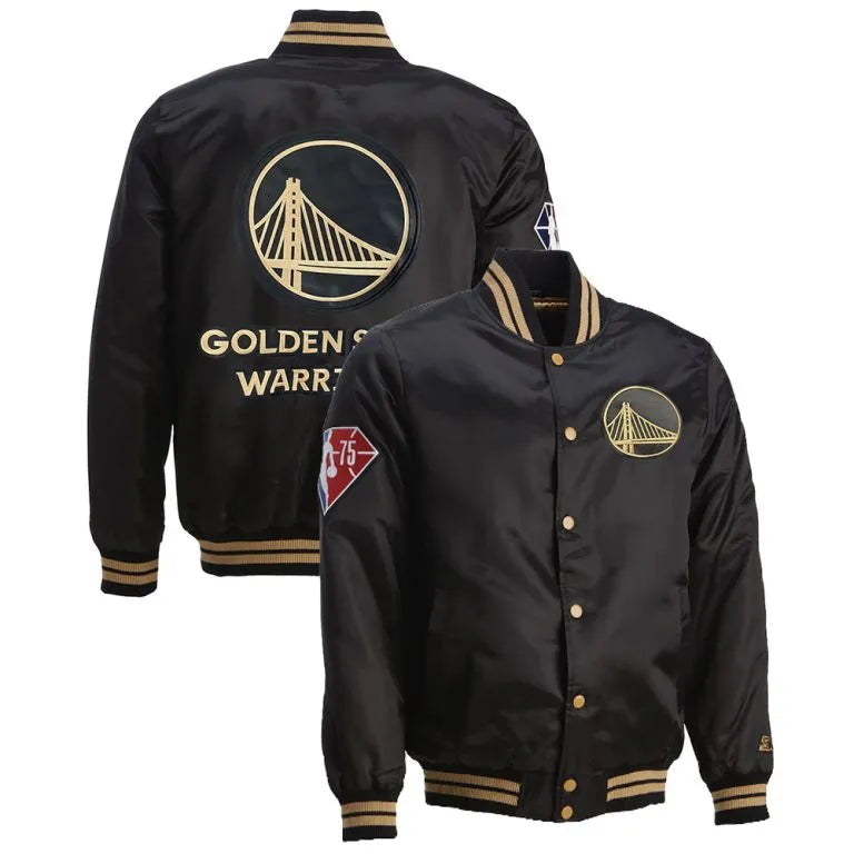 Golden State Warriors 75th Anniversary Full-Snap Varsity Black Satin Men's Bomber Jacket
