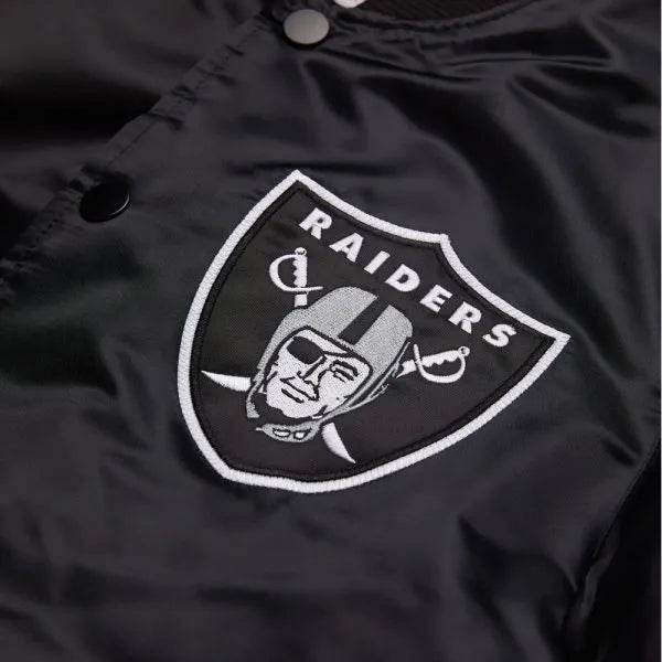 Los Angeles Raiders Striped Full-Snap Varsity Black Satin Men's Bomber Jacket