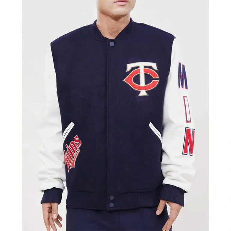 Minnesota Twins Navy Blue Wool & White Leather Sleeves Varsity Men's Jacket