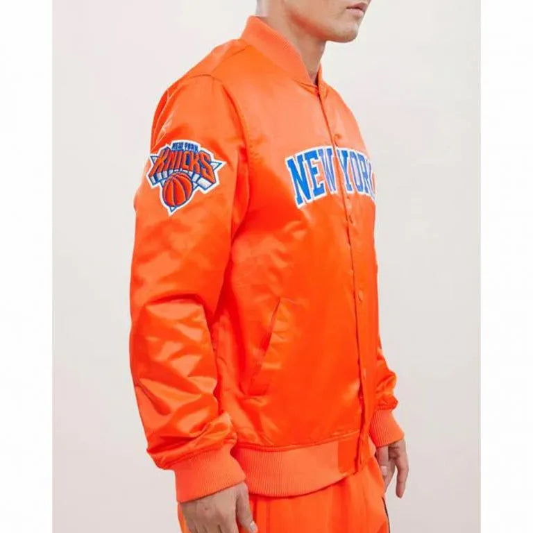 New York Knick Wordmark Full-Snap Varsity Royal Blue/Orange Satin Men's Bomber Jacket