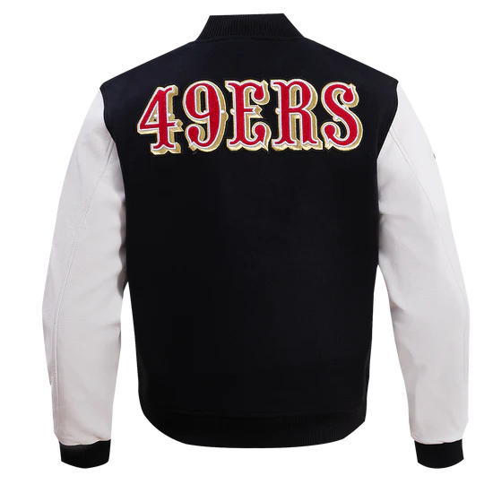 San Francisco 49ers Mash Up Retro Classic Black Wool & White Genuine Leather Sleeves Men's Varsity Letterman Jacket