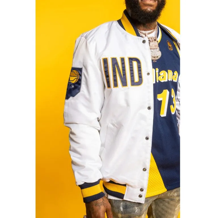 Indiana Pacers X Full-Snap Varsity White Satin Men's Bomber Jacket