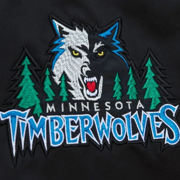 Minnesota Timberwolves Heavyweight Full-Snap Varsity Black Satin Men's Bomber Jacket