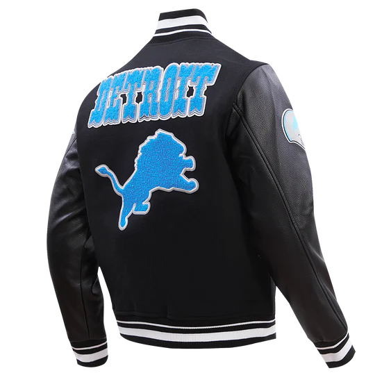 Detroit Lions Black Wool & Genuine Leather Sleeves Men's Varsity Jacket