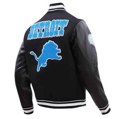 Detroit Lions Black Wool & Genuine Leather Sleeves Men's Varsity Jacket