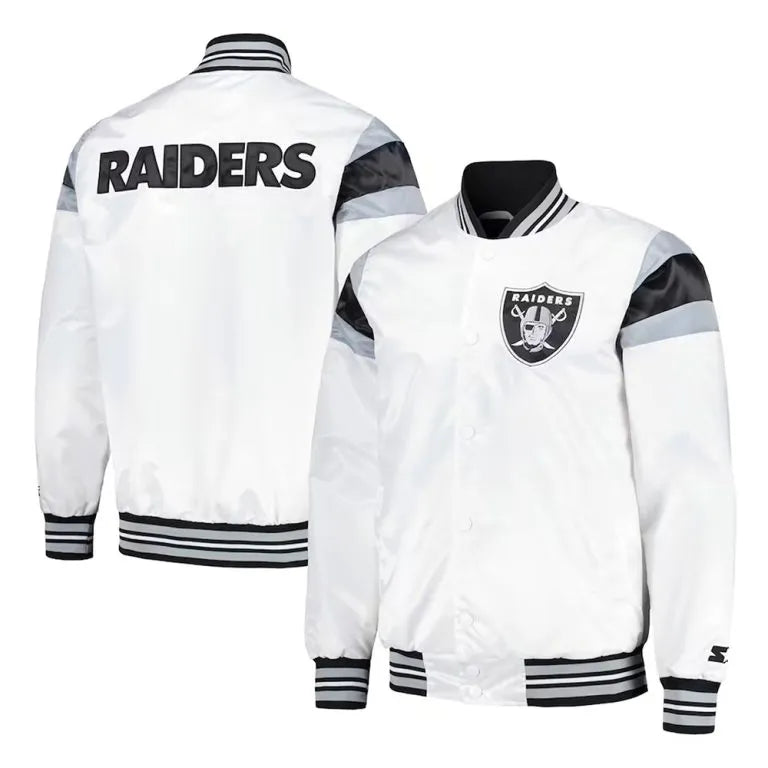 Los Angeles Raiders Midweight Full-Snap Varsity White Satin Men's Bomber Jacket