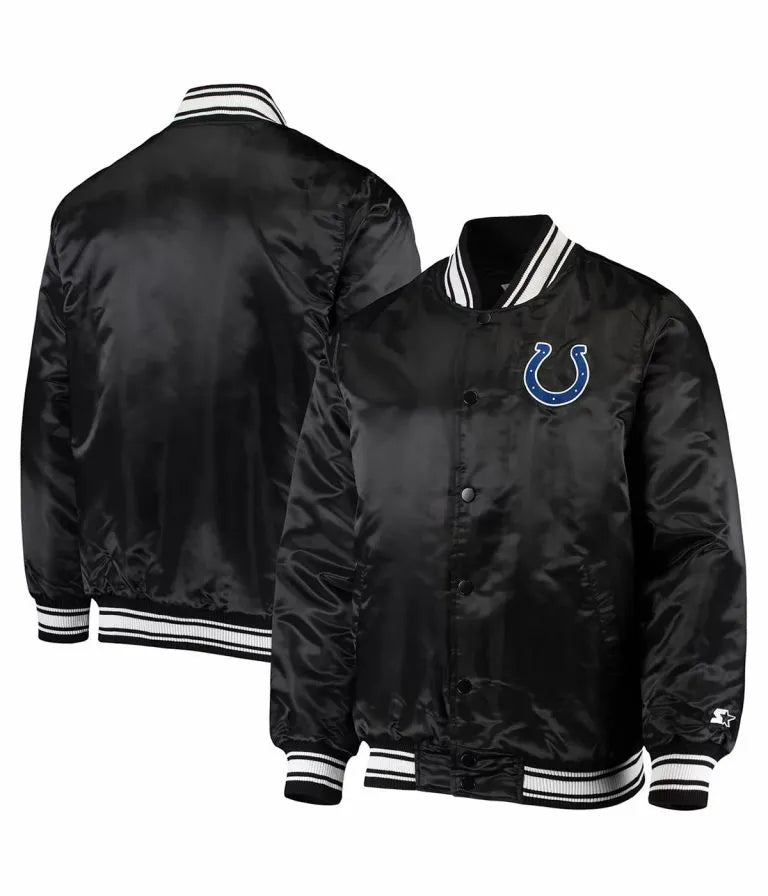 Indianapolis Colts Locker Room Full-Snap Varsity Black Satin Men's Bomber Jacket