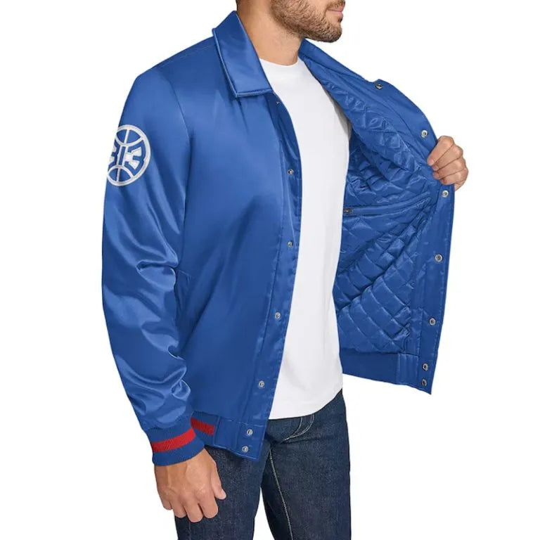 Detroit Pistons Stitch Applique Full-Snap Varsity Blue Satin Men's Bomber Jacket