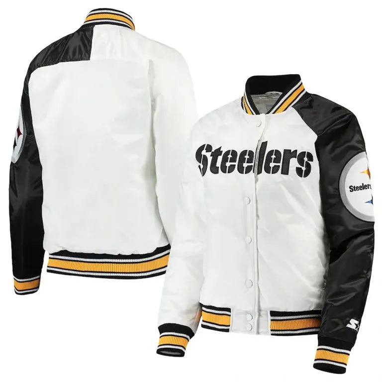 Pittsburgh Steelers Hometown Full-Snap Varsity Black and White Satin Men's Bomber Jacket