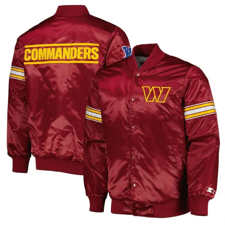 Washington Commanders The Pick and Roll Full-Snap Varsity Burgundy Satin Men's Bomber Jacket