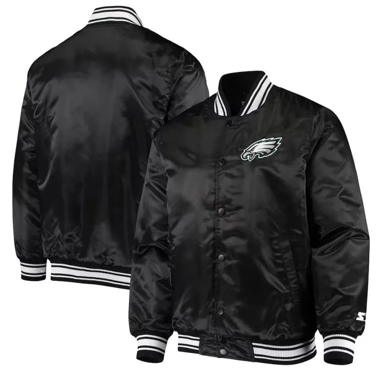 Philadelphia Eagles Locker Room Full-Snap Varsity Black Satin Men's Bomber Jacket