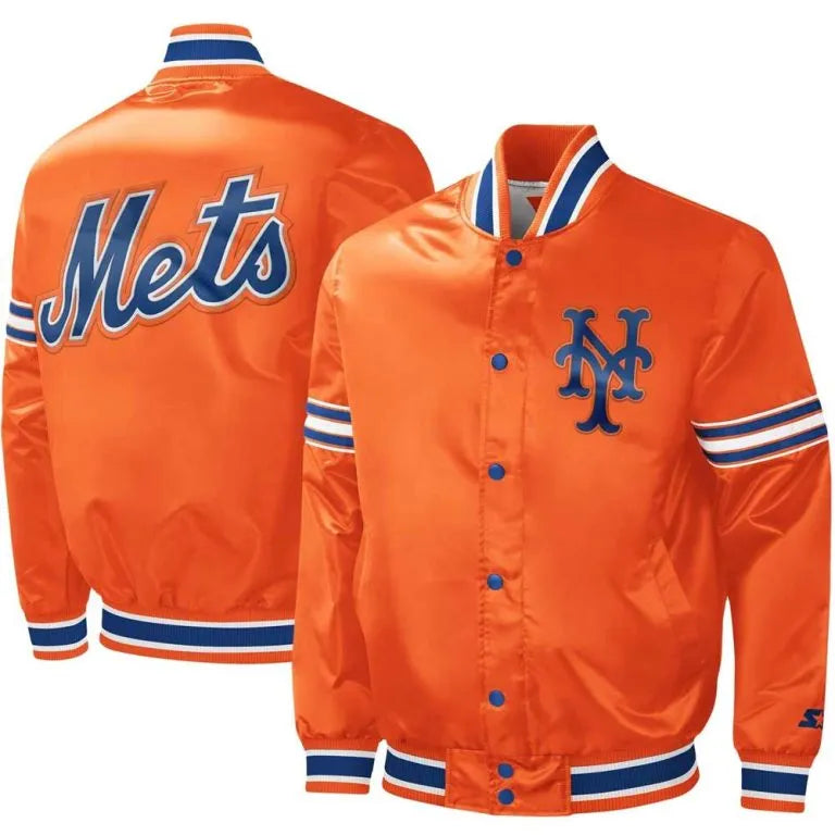 New York Mets Midfield Full-Snap Varsity Orange Satin Men's Jacket