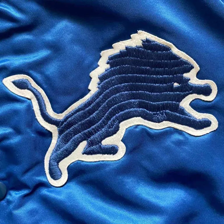 80’s Detroit Lions Full-Snap Varsity Blue Satin Men's Bomber Jacket
